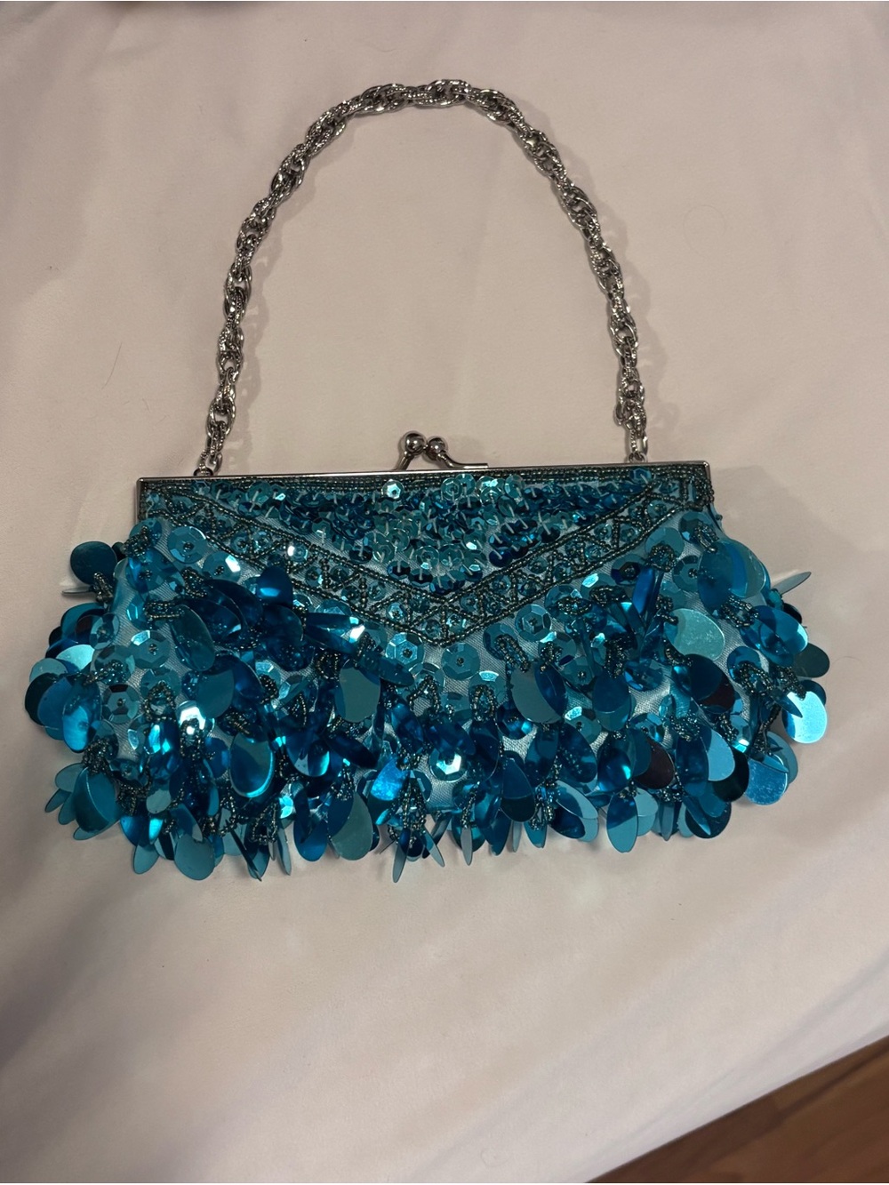 Vintage Max Mayer 90’s Turquoise Sequin Fringe Evening Clutch with Chain Handle